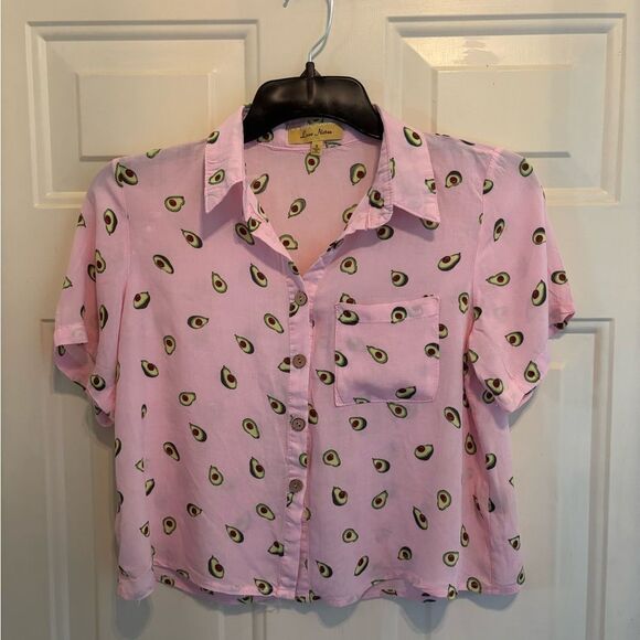 Anthropologie Love Notes Whimsical Pink Avocado Print Blouse - Picture 4 of 4